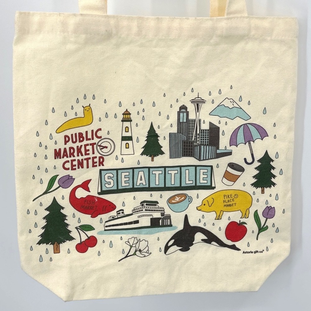 Astoria Gift Co Seattle Public Market Center Canvas Tote Bag Souvenir Cream